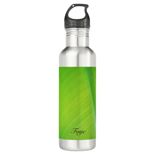 Green gradient Banana leaf texture pattern name Stainless Steel Water Bottle (Front)