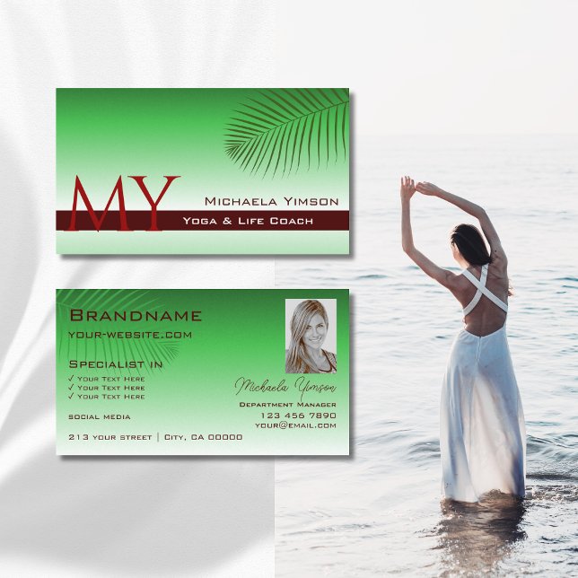 Green Gradient Palm Leaf Monogram and Photo Modern Business Card (Creator Uploaded)
