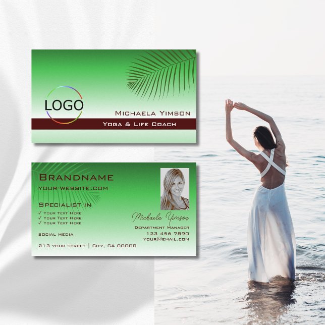 Green Gradient Palm Leaf with Logo and Photo Chic Business Card (Creator Uploaded)