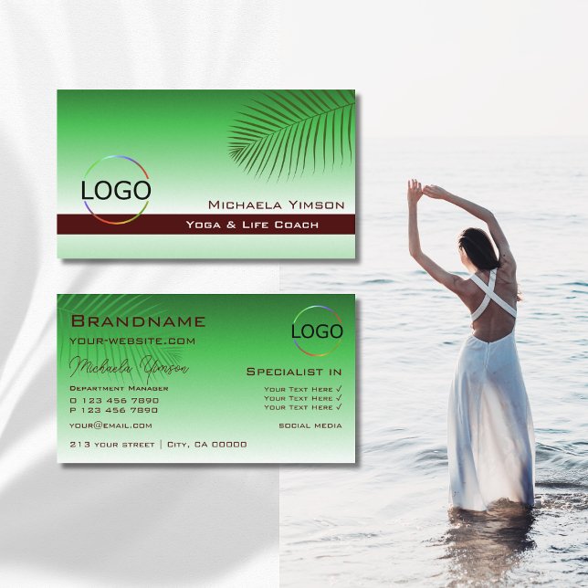 Green Gradient Palm Leaf with Logo Professional Business Card (Creator Uploaded)