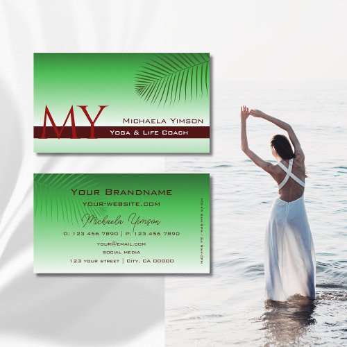 Green Gradient with Palm Leaf and Monogram Simple Business Card