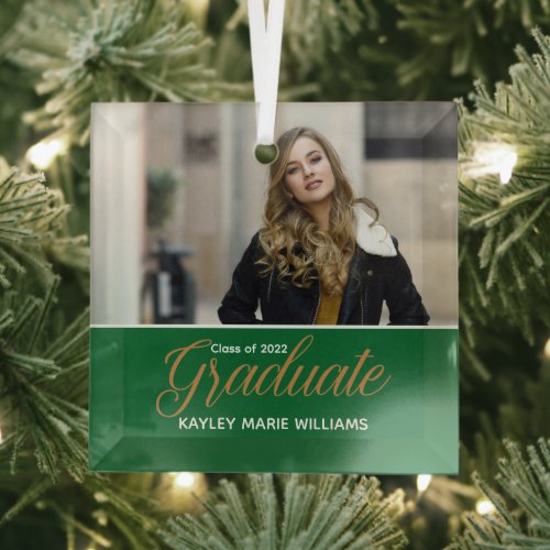 Green Graduate Photo Chic Graduation Christmas Glass Ornament