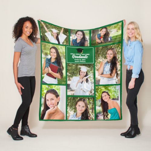 Green Graduate Photo Collage Custom Graduation Fleece Blanket