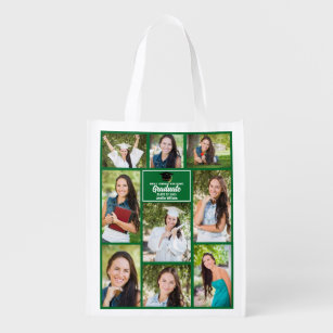 Green Graduate Photo Collage Custom Graduation Grocery Bag