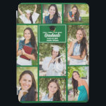Green Graduate Photo Collage Cute 2024 Graduation iPad Air Cover<br><div class="desc">This modern green senior graduate photo collage notebook features your favorite 9 student photographs. This graduation design features classy white typography of your high school or college name for the class of 2024. Customize this keepsake gift with your graduating year below the black grad cap. It features 2 horizontal pictures,...</div>