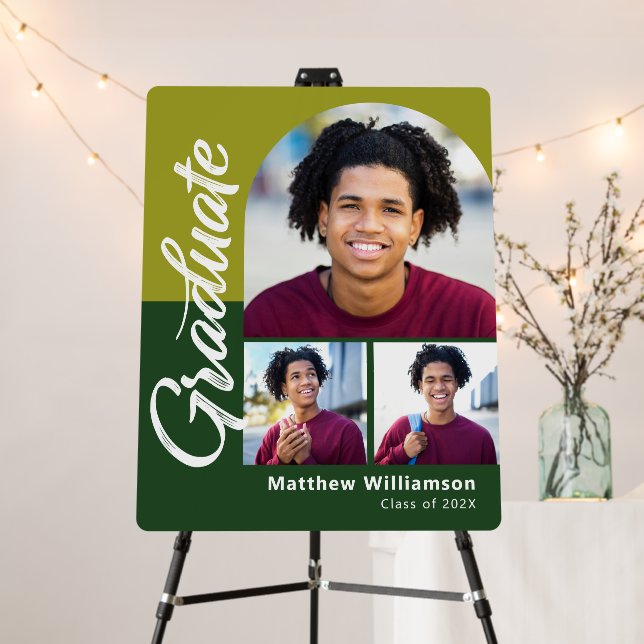 Green Graduation 3 Photo Bold Arch Script Modern Foam Board (In Situ (Stand))