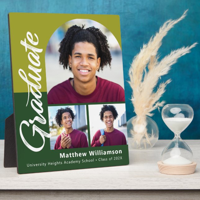 Green Graduation 3 Photo Bold Arch Script Modern Plaque (Side)