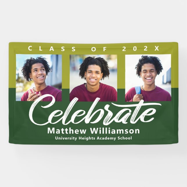 Green Graduation 3 Photo Bold Script Modern Simple Banner (Horizontal)
