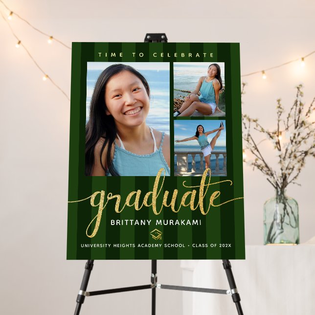 Green Graduation 3 Photo Gold Glitter Script Bold Foam Board (In Situ (Stand))