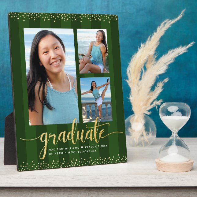 Green Graduation 3 Photo Gold Glitter Script Chic Plaque (Side)