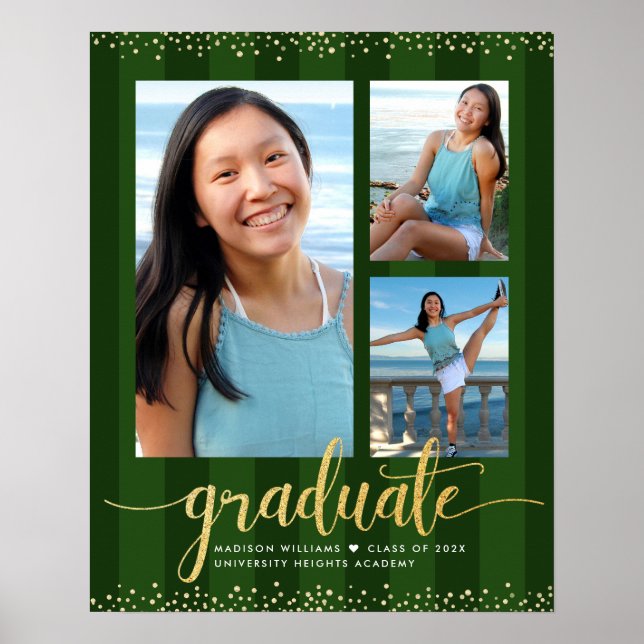 Green Graduation 3 Photo Gold Glitter Script Chic Poster (Front)