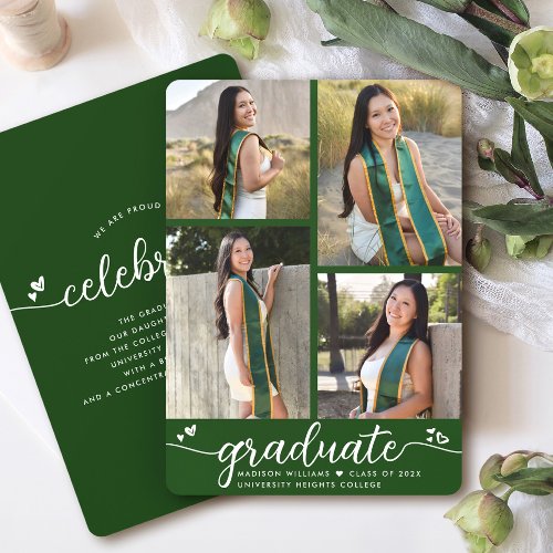 Green Graduation 4 Photo Calligraphy Hearts Modern Announcement