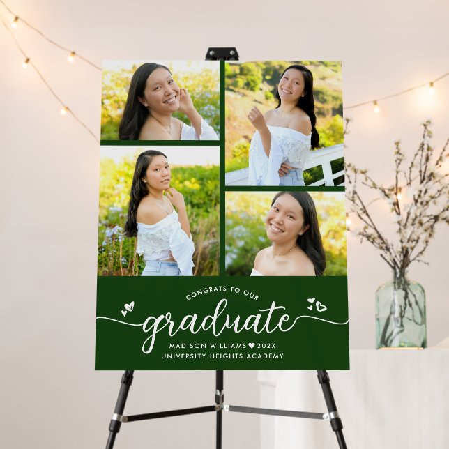 Green Graduation 4 Photo White Script Hearts Girly Foam Board (In Situ (Stand))