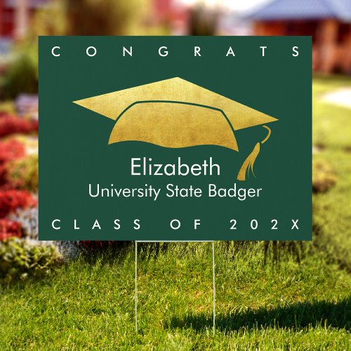 Green Graduation Bold Modern Gold Cap MEDIUM Yard Sign