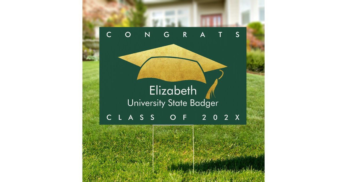 Green Graduation Bold Modern Gold Cap SM/LG Yard Sign | Zazzle