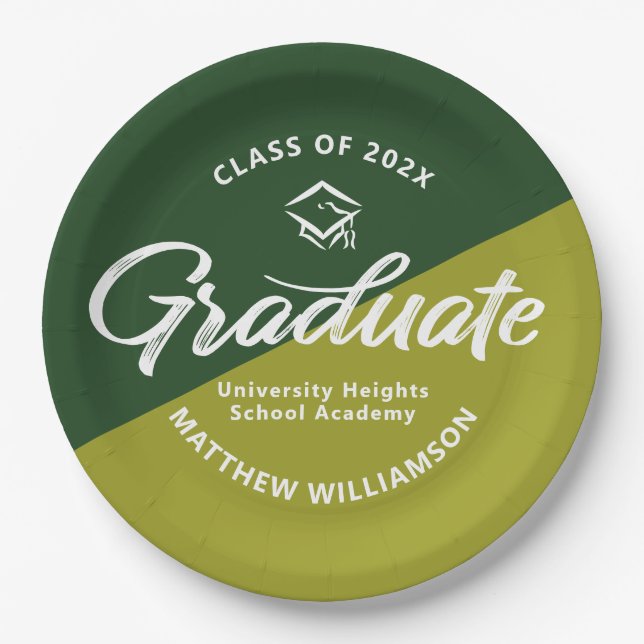 Green Graduation Bold Retro Script Cap Icon Simple Paper Plates (Front)