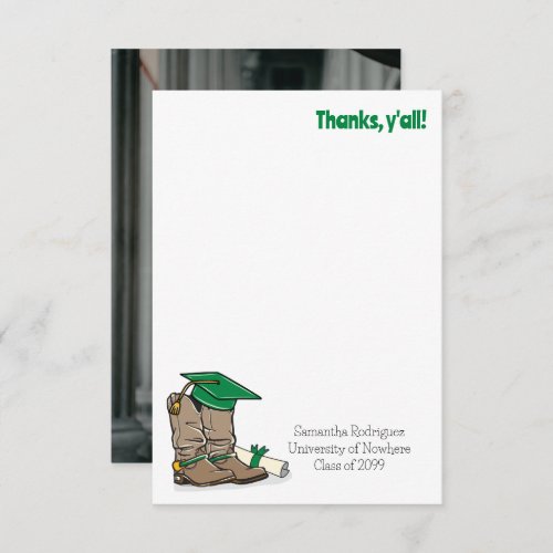 Green Graduation Cap and Cowboy Boot Thank You Card