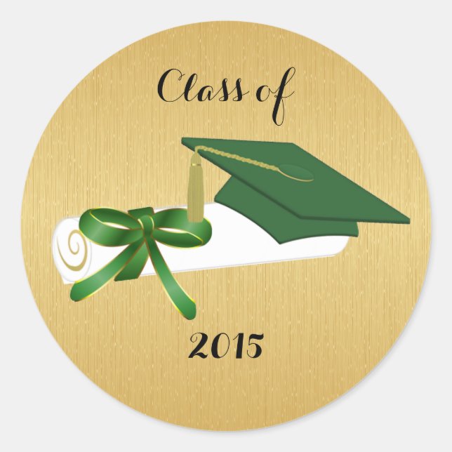 Green Graduation Cap and Diploma With Gold Classic Round Sticker (Front)