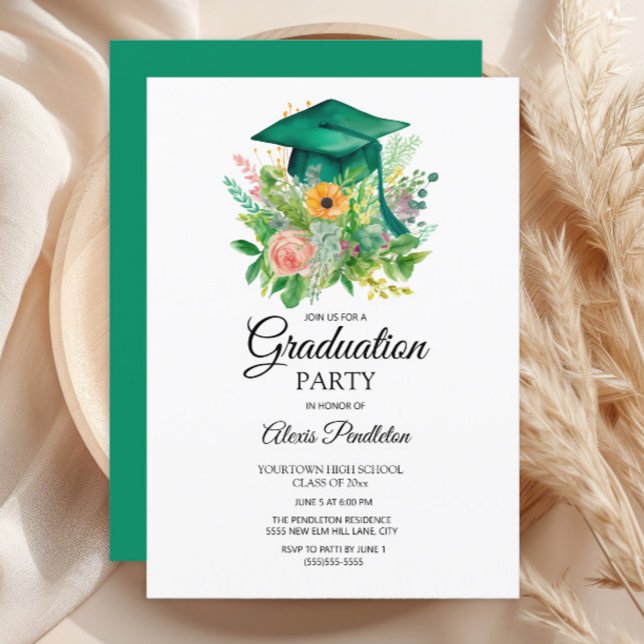 Green Graduation Cap Floral High School Invitation (Green graduation cap party invitation)