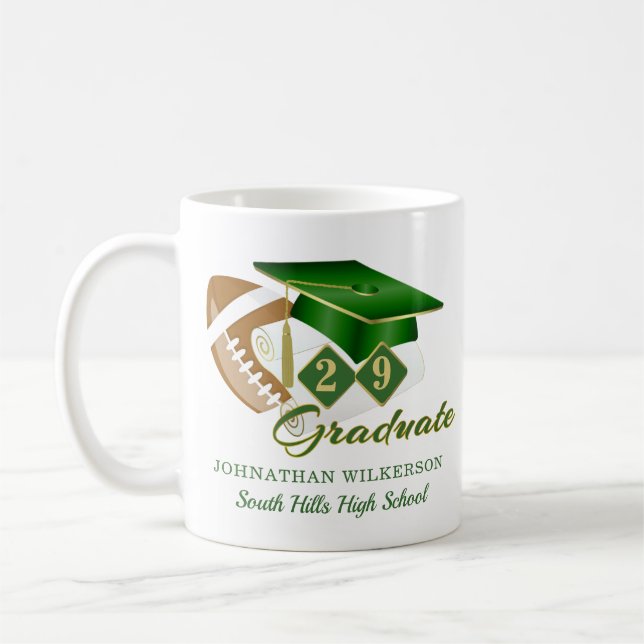 Green Graduation Cap Football Personalized Coffee Mug (Left)
