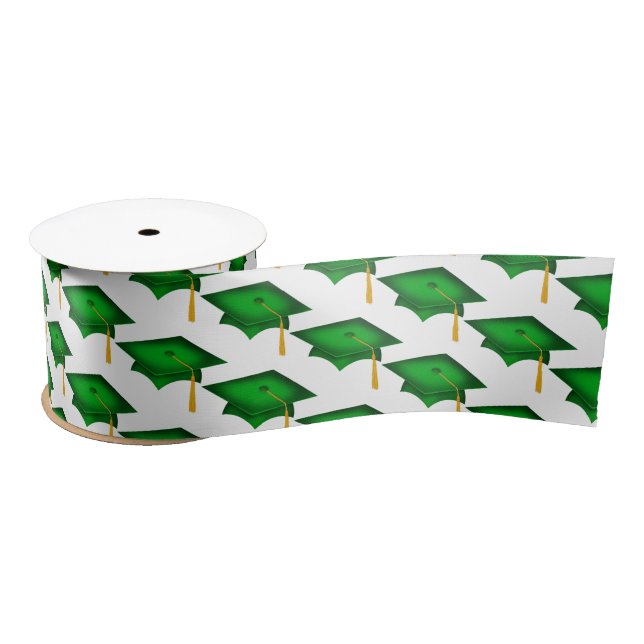Green Graduation Caps On White Satin Ribbon (Spool)
