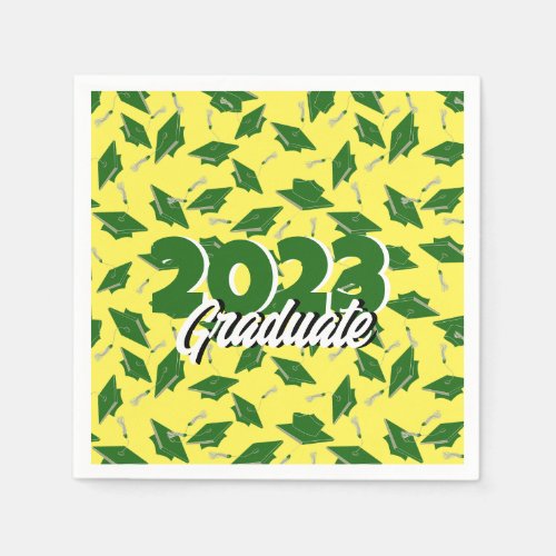 Green Graduation Caps Tossed in the Air on Yellow Napkins
