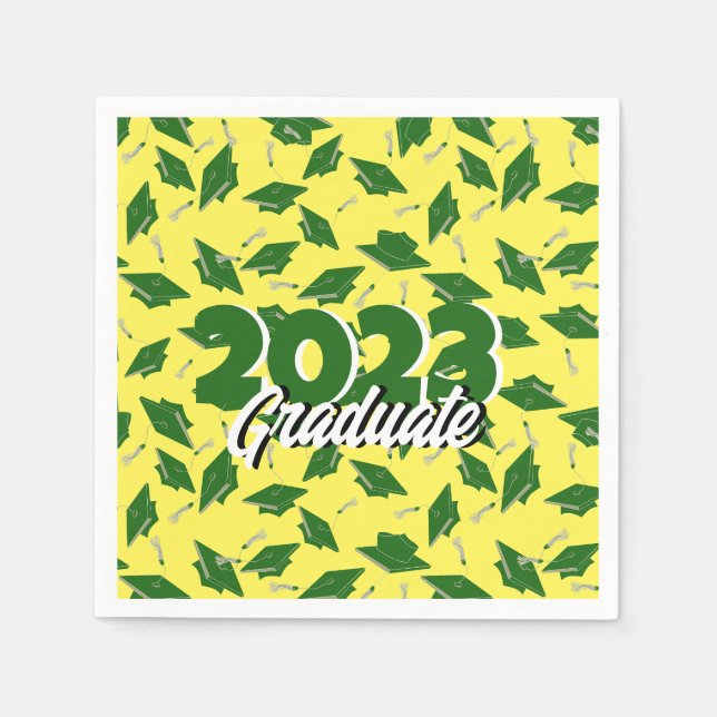 Green Graduation Caps Tossed in the Air on Yellow Napkins (Front)
