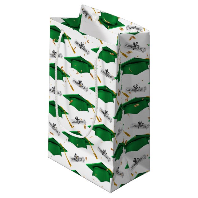 Green Graduation Caps with Diplomas Small Gift Bag (Front Angled)