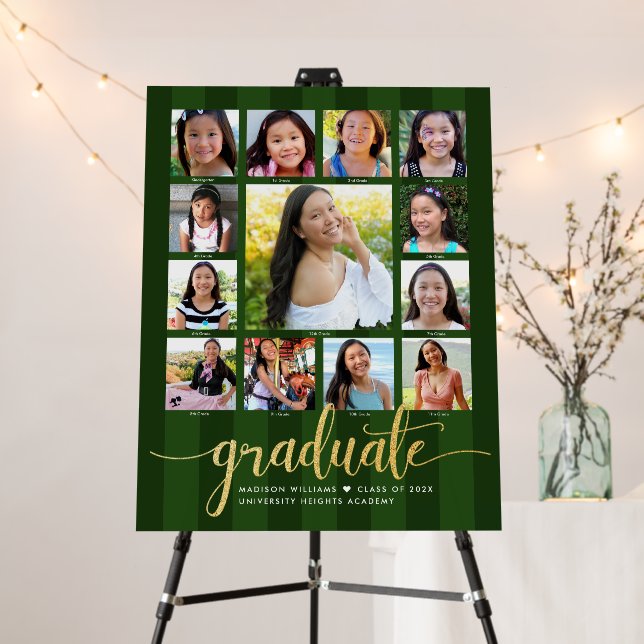 Green Graduation K–12 Photo Collage Gold Script Foam Board (In Situ (Stand))