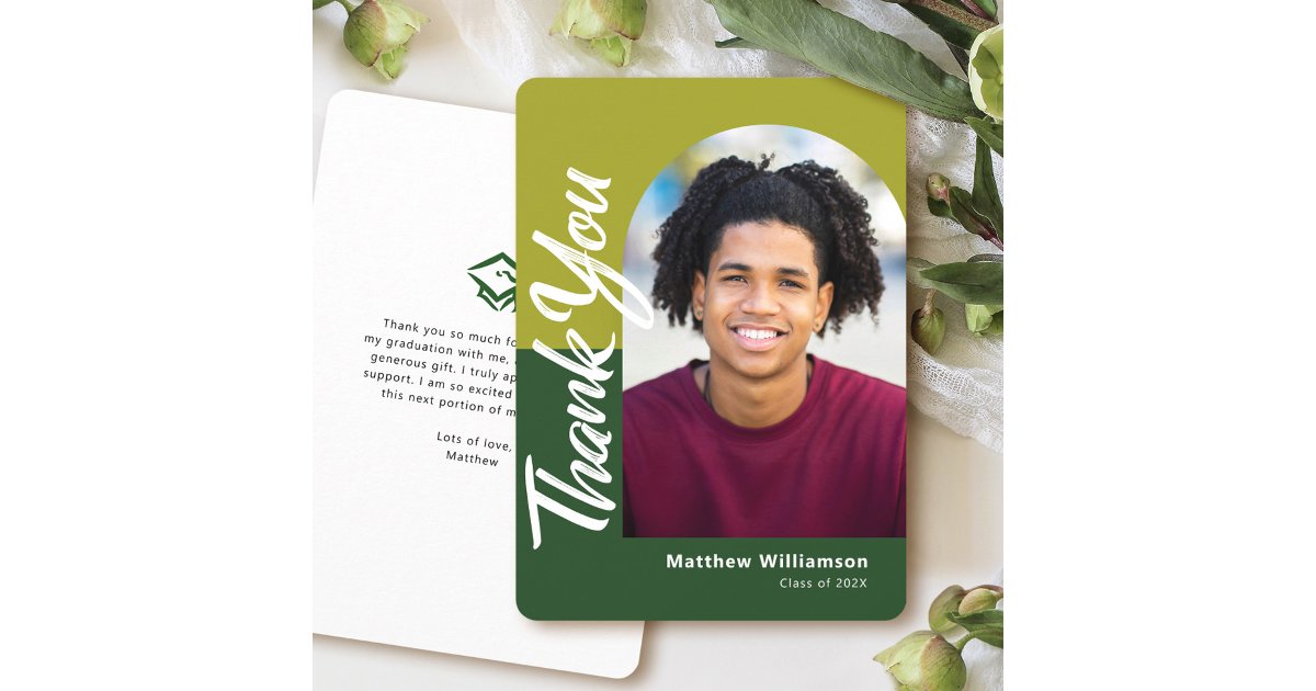 Green Graduation Photo Bold Arch Script Modern Thank You Card | Zazzle