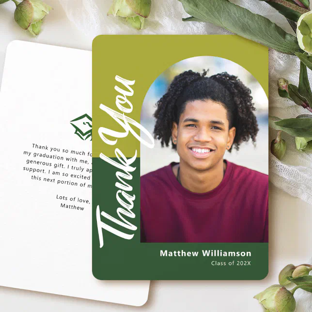 Green Graduation Photo Bold Arch Script Modern Thank You Card | Zazzle