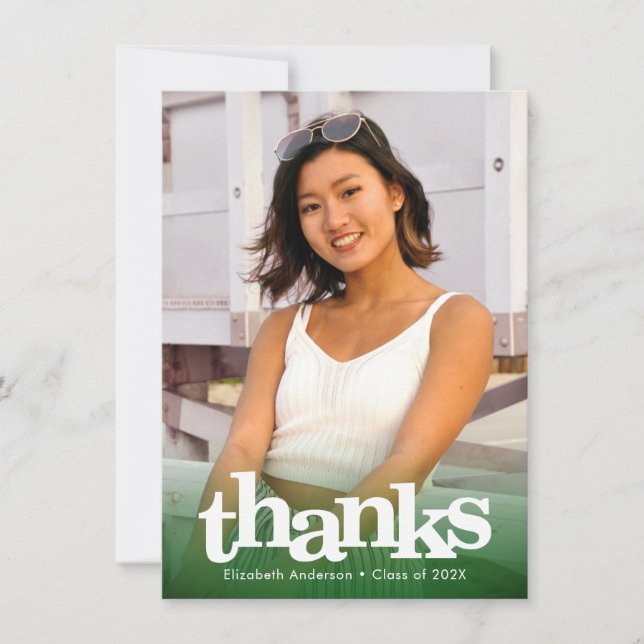 Green graduation photo bold typography modern thank you card (Front)