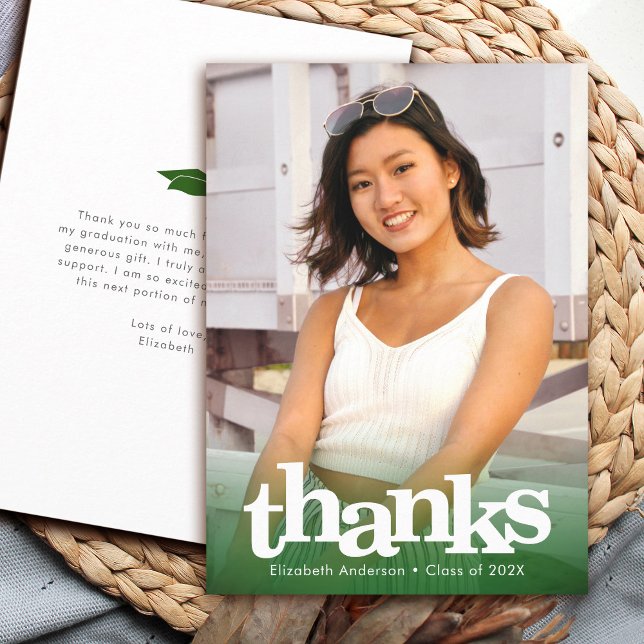 Green graduation photo bold typography modern thank you card (Creator Uploaded)