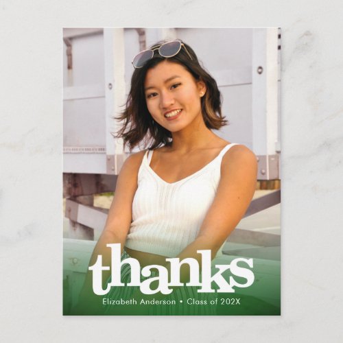 Green graduation photo bold typography thank you postcard