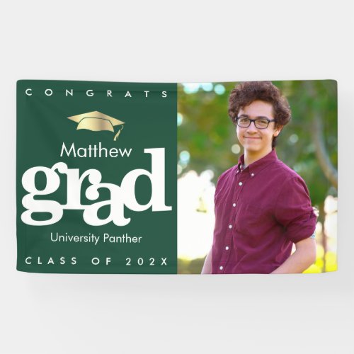 Green graduation photo gold cap modern bold simple banner