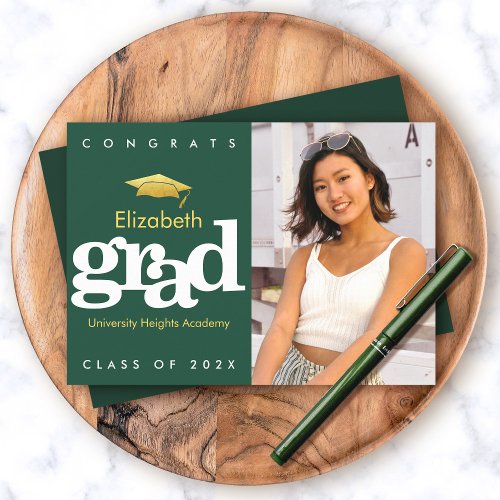 Green graduation photo gold cap modern bold type announcement