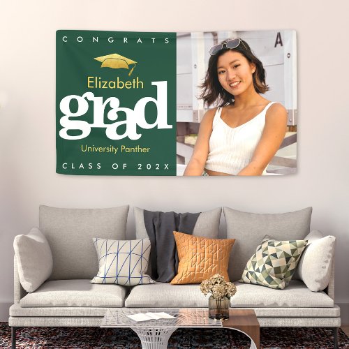 Green graduation photo gold cap simple bold modern banner