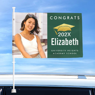 Green graduation photo gold cap simple bold modern car flag