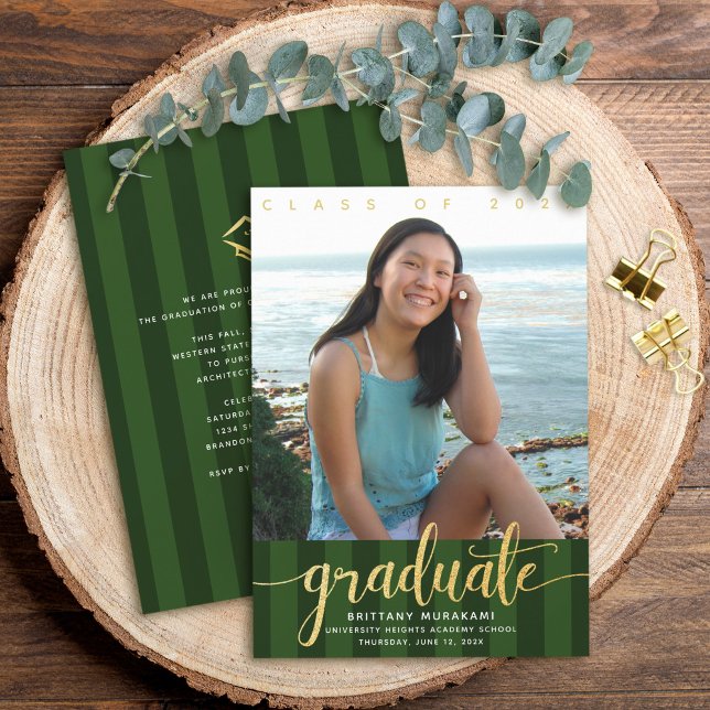 Green graduation photo gold glitter script modern invitation (Creator Uploaded)