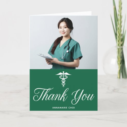 Green Graduation Photo Medical School Doctor Thank You Card