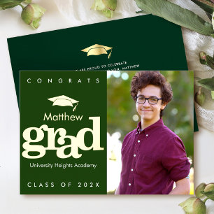Green graduation photo modern bold cap real gold  foil invitation
