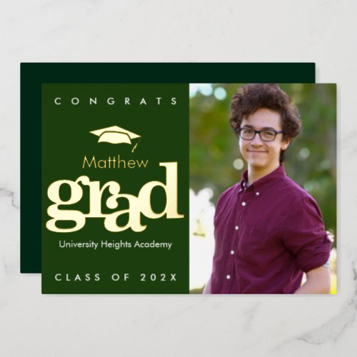 Green graduation photo modern bold cap real gold  foil invitation