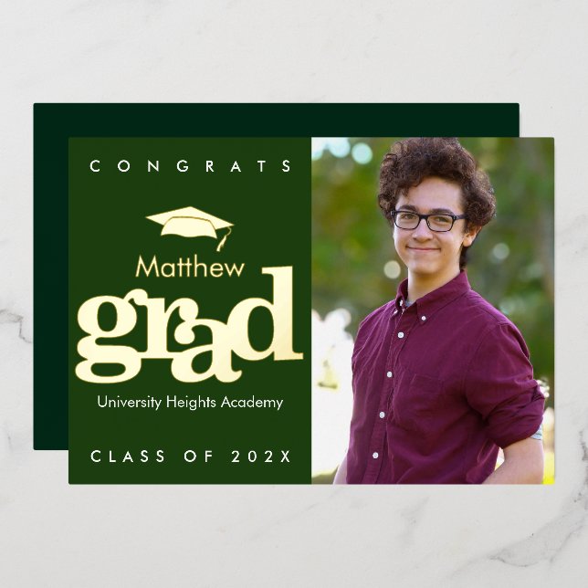 Green graduation photo modern bold cap real gold  foil invitation (Front/Back)