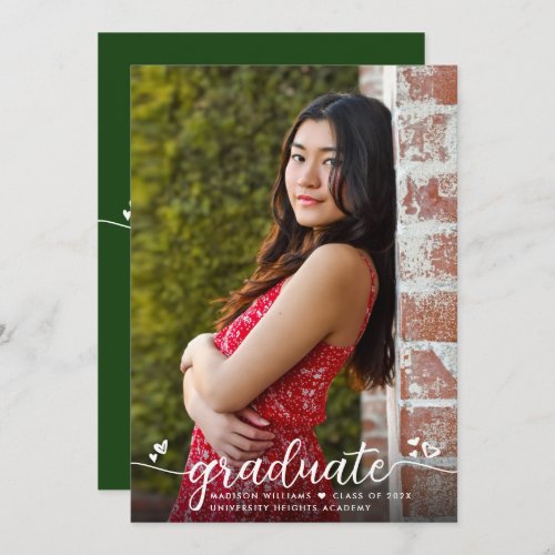 Green Graduation Photo Modern Calligraphy Hearts Announcement