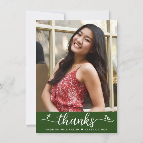 Green Graduation Photo Modern Elegant Script Heart Thank You Card