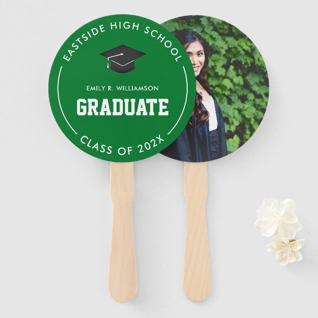 Green Graduation Photo Personalized Hand Fan (Front and Back)