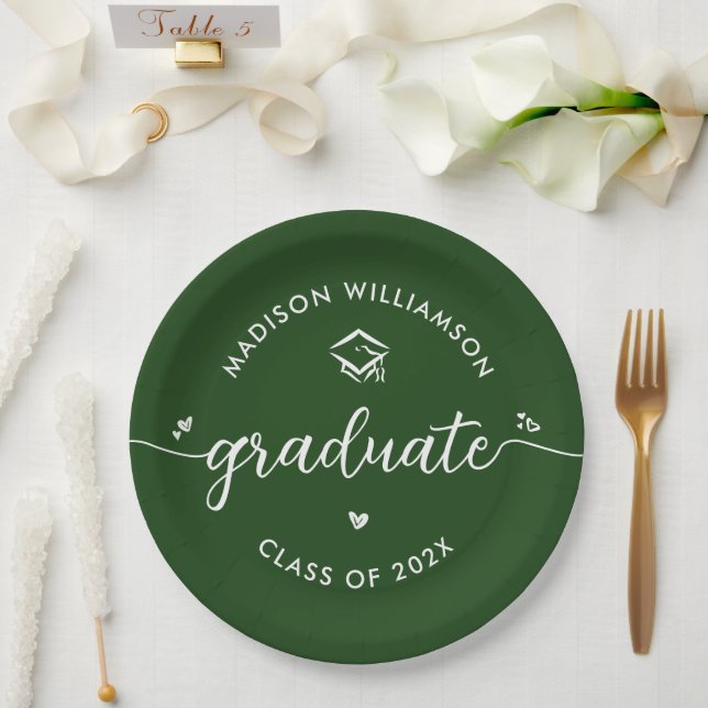 Green Graduation Script Hearts Cap Icon Modern Fun Paper Plates (Wedding)