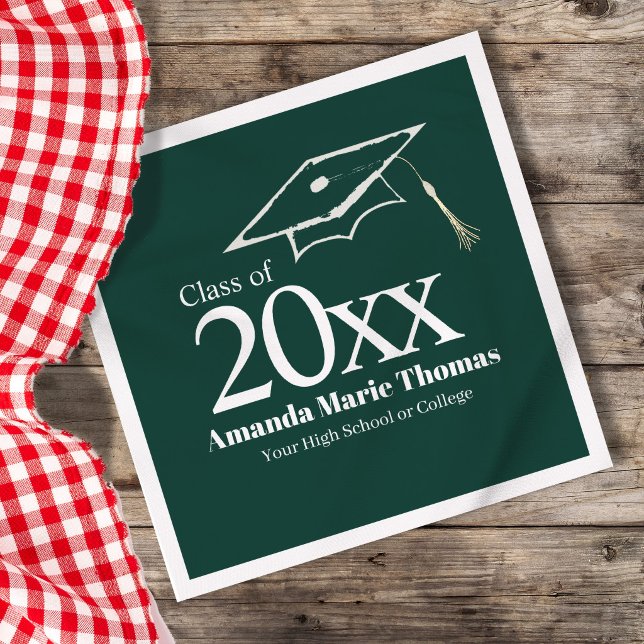 Green Graduation Script Name Class Year Design Napkins (Green graduation napkin styled with coffee cup, custom name and class year design)