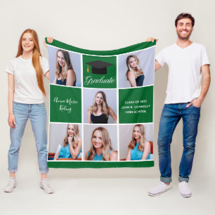 Green Graduation Senior Photo Collage Custom Fleece Blanket