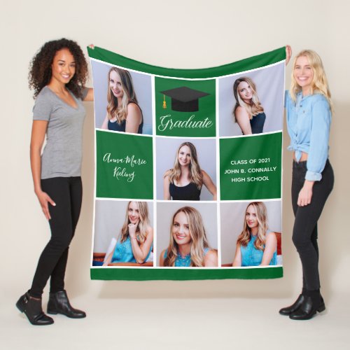 Green Graduation Senior Photo Collage Custom Fleece Blanket